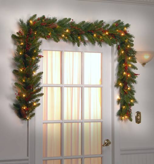 9' x 10" Pre-lit Classical Collection Artificial Christmas Garland with Red Berries, Cones, Holly Leaves and 50 Clear Lights